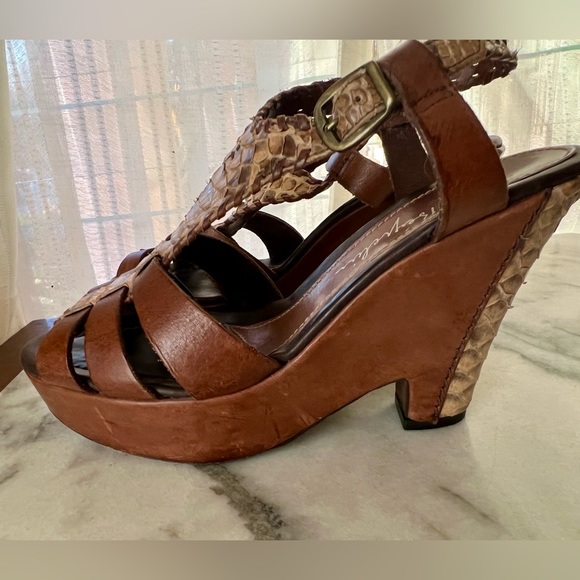 HENRY BEGUELIN cognac leather and snakeskin wedge slingback heels 38.5 - Picture 4 of 11